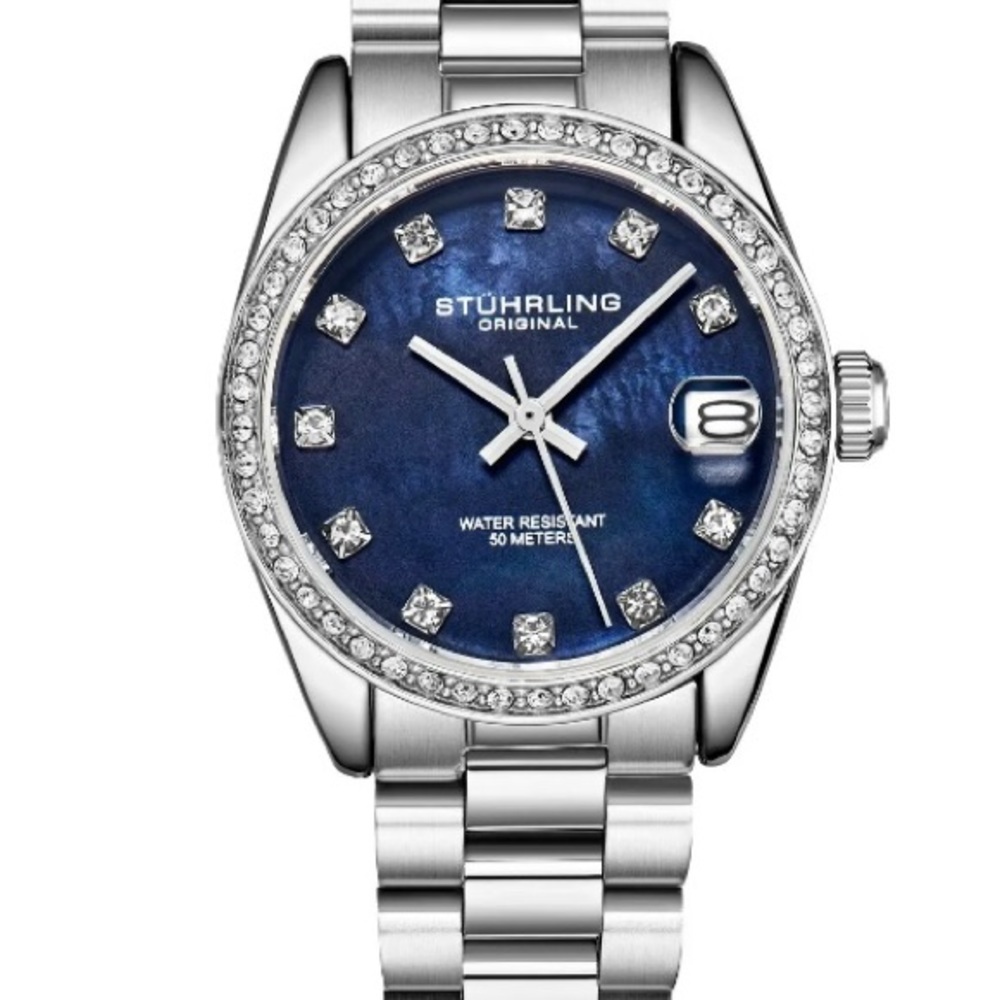 STUHRLING WOMEN’S WATCH CRYSTAL STUDDED BLUE DIAL QUARTZ MOVEMENT
